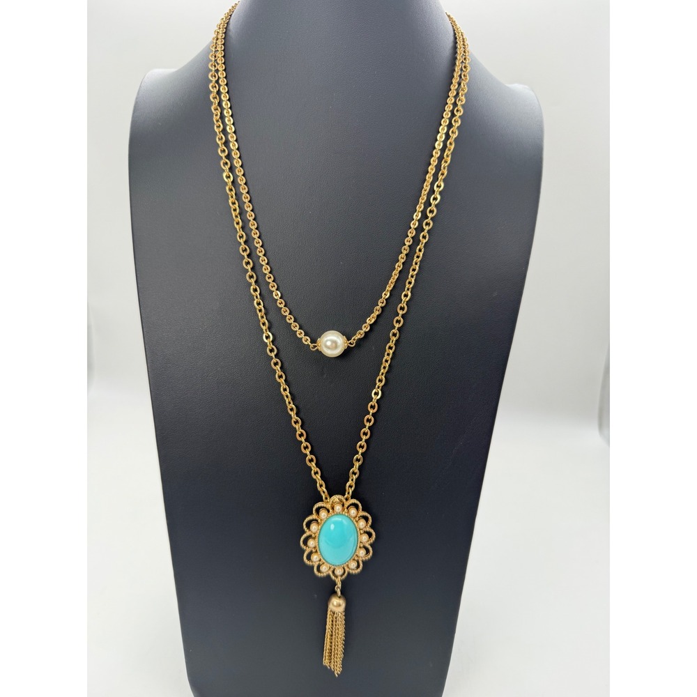 Sarah Coventry Vintage Gold Tone Turquoise Faux Pearl Tassel Layered Necklace